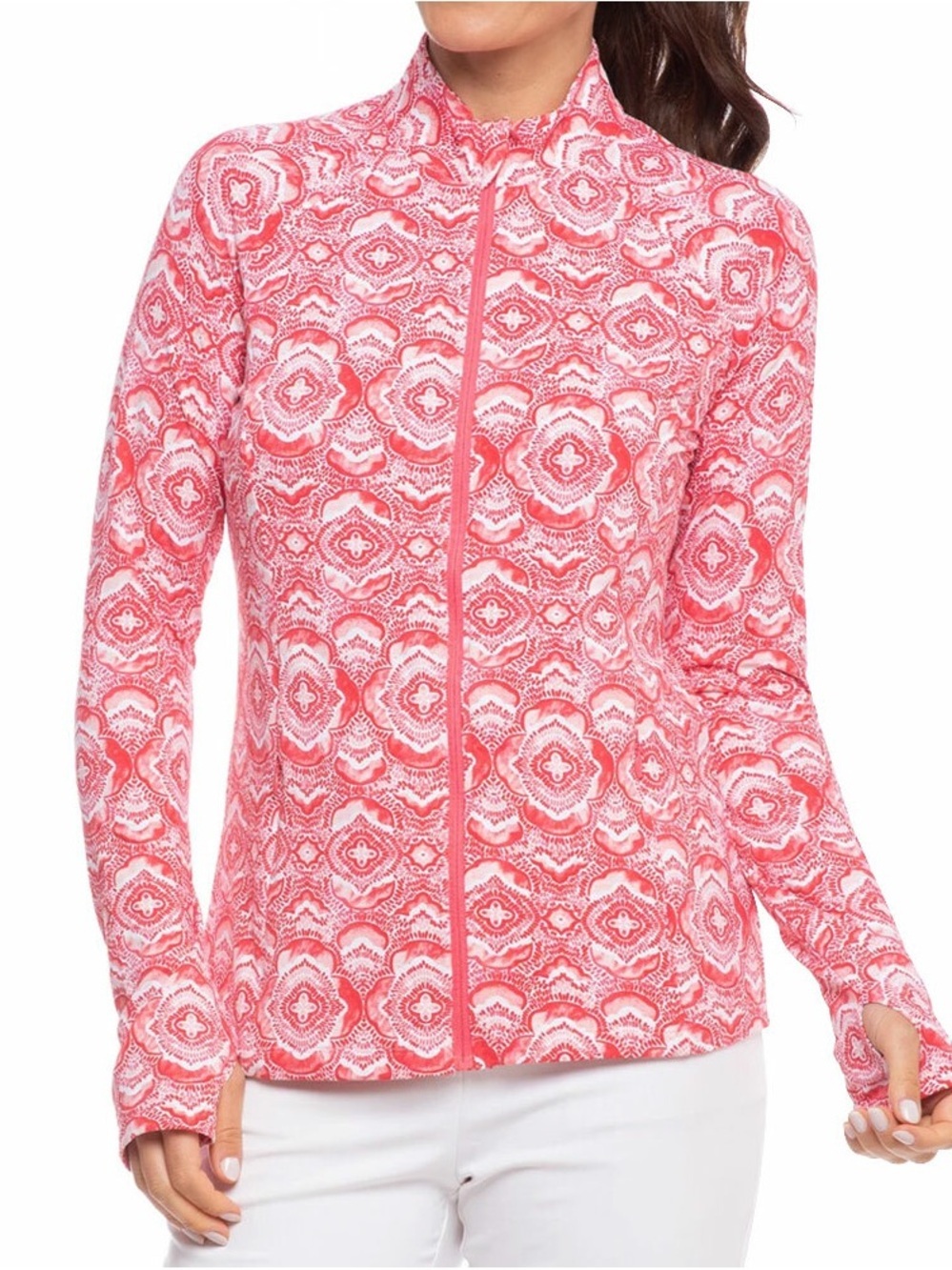 Ladies IBKUL Venetian Tiles Coral Long Sleeve Full Zip Golf Jacket Medium Active